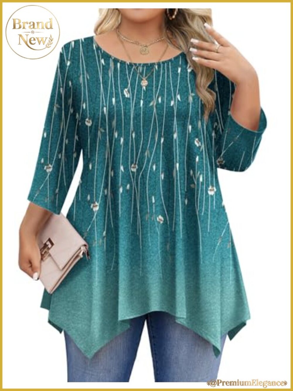 Plus Size Tunic Top 3/4 Sleeve Floral Blouse for Women